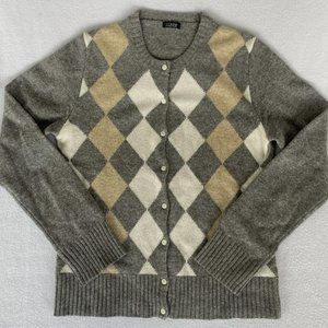 J Crew Vintage 100% Lambswool Women's Argyle Gray/Ivory/Tan Cardigan Sweater